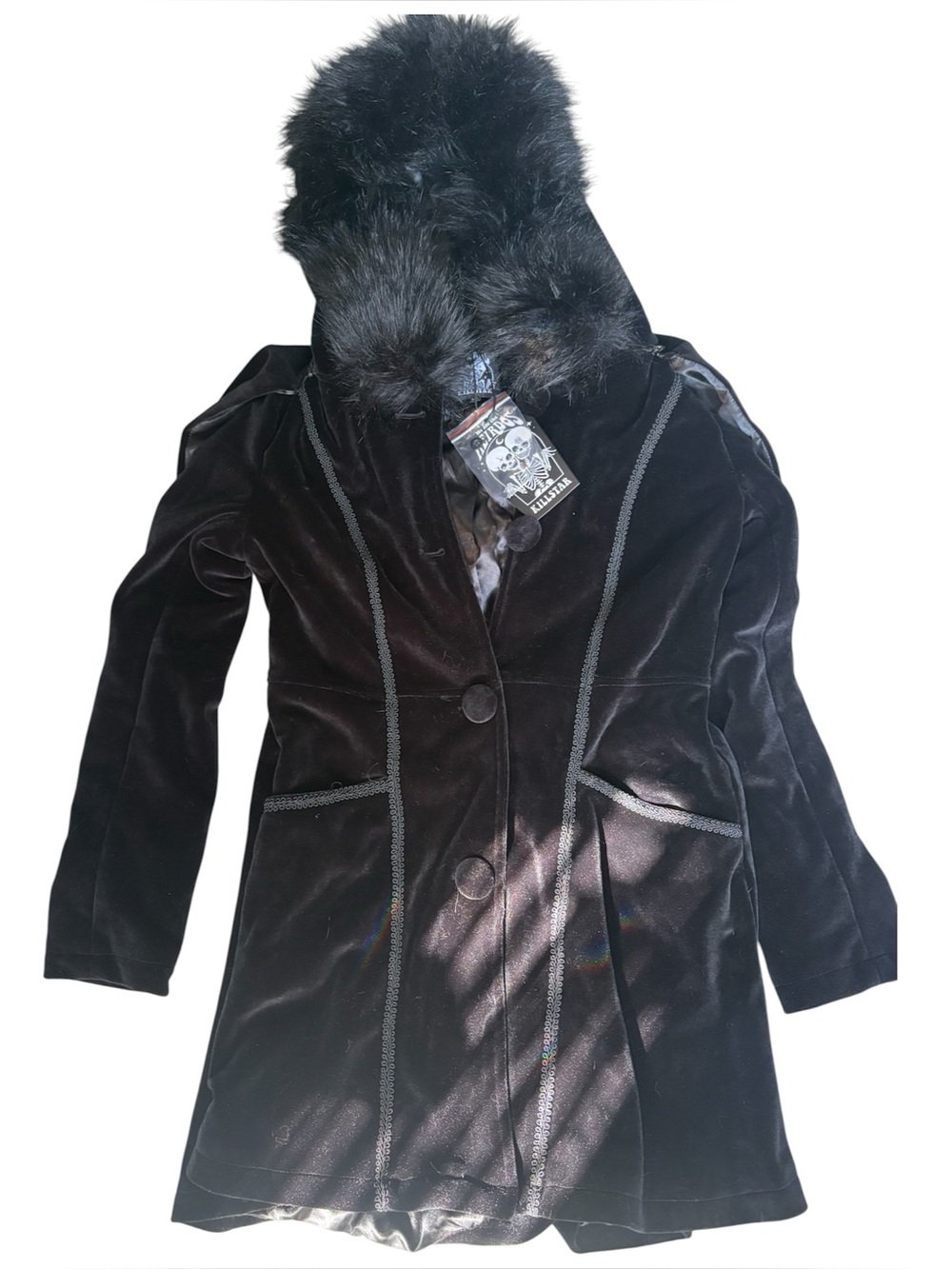 Killstar Black Velvet Trench Coat with Faux Fur Hood